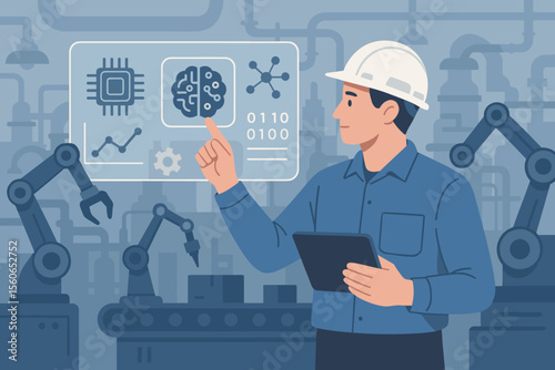Industry 4.0 automation, artificial intelligence technology, professional engineer controlling smart manufacturing factory, robotics, machine learning, digital transformation, industrial innovation