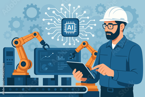 Industry 4.0 AI Technology in Smart Manufacturing Factory, Industrial Engineer Using Tablet to Control Robotic Arms, Machine Learning Automation, Digital Transformation, Advanced Production Systems