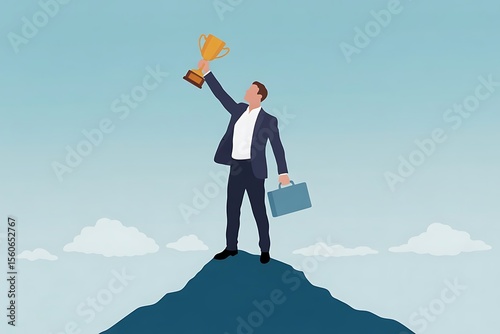 A successful businessman stands triumphantly on a mountain peak holding a golden trophy aloft with a briefcase at his side
