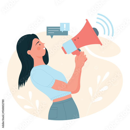 Public relations female manager using loudspeaker. Communication officer and promoting campaign flat vector illustration