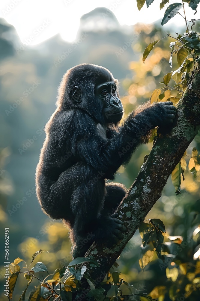 Obraz premium A gorilla climbs on a tree branch, with soft sunlight shining on it