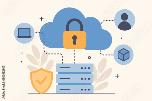 Cloud computing security concept. Data protection, encrypted cloud storage, secure server, privacy shield, user access control, network safety, cybersecurity technology vector illustration