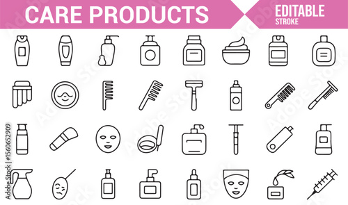 Collection of minimalist icons depicting skincare, cosmetics, and personal care products.