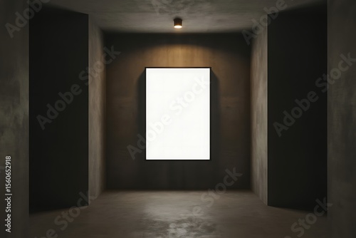 Minimalist modern art gallery hallway with a single illuminated blank canvas on a dark concrete wall and a spotlight above