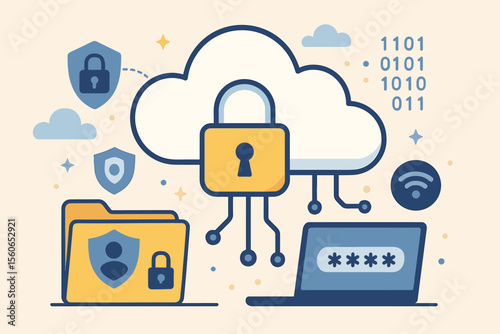 Cloud computing data security concept. Secure cloud storage, encrypted personal information, cybersecurity protection, privacy shield, password protection, internet safety, digital file encryption