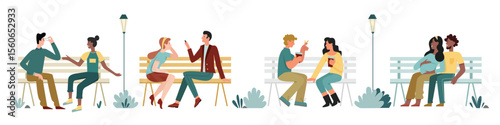 Romantic couple sitting on bench in city park and talking set. Pair of young lovers or friends sit together, husband and pregnant wife hug isolated on white. Romance, relationship, friendship concept