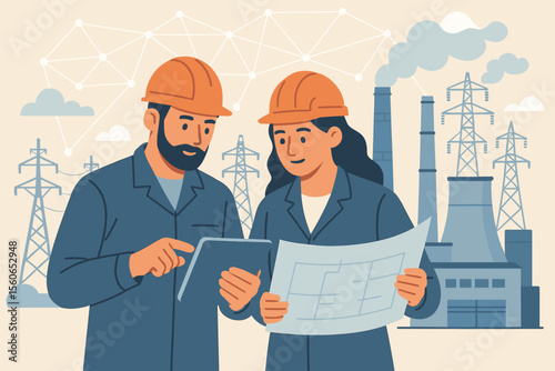 Industrial engineers teamwork at power plant. Male and female engineers in hard hats analyzing blueprints and tablet data. Electricity, energy station, teamwork, network, technology, project planning.