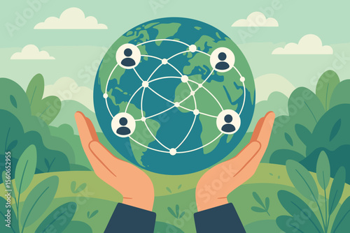 Global Network Connection Concept. Hands Holding Earth with Social Media People Icons. Worldwide Communication, Internet Data Exchange, Digital Community, Environmental Nature Background, Flat Vector