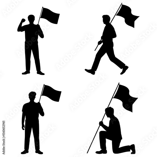 Silhouettes of people holding black flags