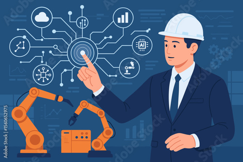 Industry 4.0 automation engineer controlling robotic arms with AI technology, smart factory network, real-time data interface, industrial automation, digital transformation, intelligent manufacturing