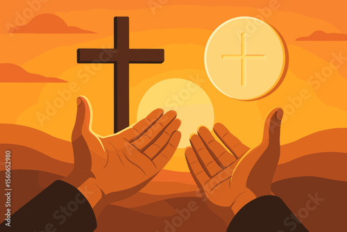 Christian Worship Prayer Hands Raised Toward Cross and Eucharist Host at Sunset, Faith Hope Blessing, Religion Spirituality Concept, Modern Flat Vector Illustration, God Help, Communion Sacrament