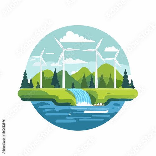 Flat design landscape with clean rivers, forests, wind farms, and mountains