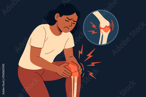 Osteoarthritis knee pain illustration. Joint inflammation, rheumatoid arthritis, tendon injury, chronic knee discomfort, cartilage degeneration, musculoskeletal disorder, medical concept, vector art
