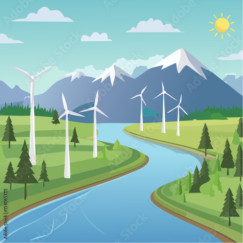 Flat design landscape with clean rivers, forests, wind farms, and mountains
