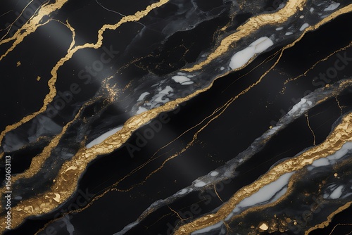 Elegant black marble texture with luxurious swirling veins of white and shimmering gold accents creating a sophisticated and opulent abstract background design