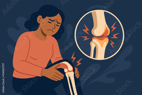 Osteoarthritis knee pain concept illustration. Woman suffering joint inflammation, rheumatoid arthritis, tendon problems, cartilage damage. Medical anatomy, chronic disease, vector cartoon