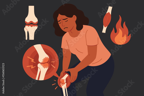 Osteoarthritis knee pain inflammation concept. Woman suffering joint pain, rheumatoid arthritis, tendon injury, cartilage damage, chronic inflammation, burning sensation. Medical vector illustration