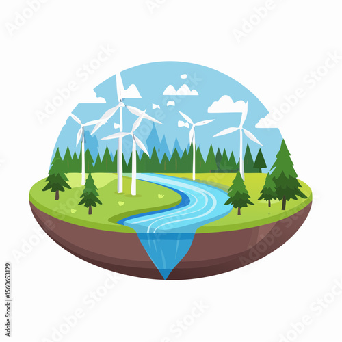 Flat design landscape with clean rivers, forests, wind farms, and mountains