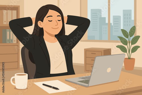 Confident businesswoman relaxing at modern office desk with laptop, coffee, paperwork, and city view. Corporate success, work-life balance, professional lifestyle, stress relief, productivity concept