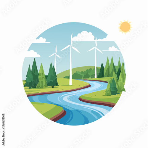 Flat design landscape with clean rivers, forests, wind farms, and mountains
