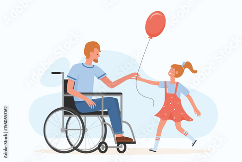 Parent with disability using wheelchair playing with his daughter. Family support and happy moments flat vector illustration