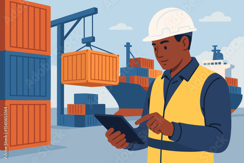 Port worker using digital tablet to manage shipping container logistics at harbor. Inventory control, teamwork, global trade, supply chain, transportation, warehouse operations, maritime industry