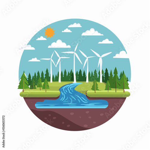 Flat design landscape with clean rivers, forests, wind farms, and mountains