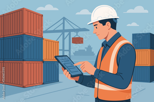 Logistics manager in safety vest and helmet using digital tablet for inventory control at shipping port. Cargo containers, crane, ship, teamwork, global trade, supply chain, transportation industry.