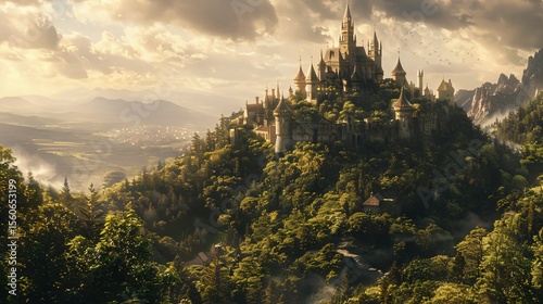 Illustrate a fantasy landscape featuring an ancient castle atop a hill