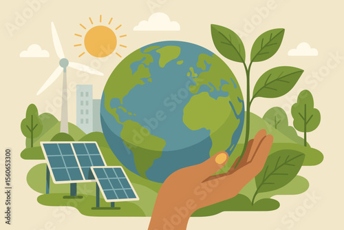 Earth Day sustainable development concept with renewable energy, solar panels, wind turbine, eco-friendly city, green plant, environmental protection, clean energy, nature conservation illustration