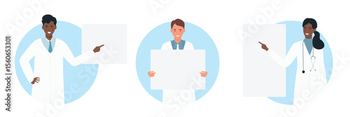 Set of doctors showing health data analysis results. Medical patient diagnosis and nurse clinical care flat vector illustration