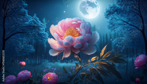 peony flower blooming cinematically in magical moonlight forest time lapse artistry