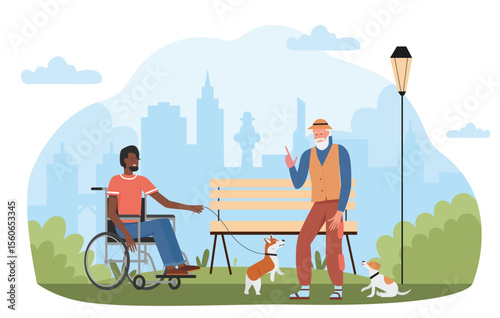 Active walk of pet owners and dogs in summer city park. Disabled guy sitting in wheelchair, talking with senior man, puppy playing flat vector illustration. Disability, happy stroll outside concept