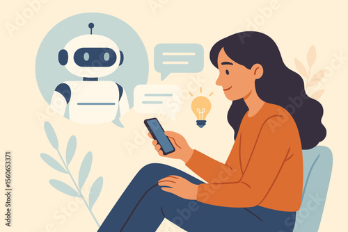 Woman chatting with AI chatbot on smartphone. Artificial intelligence robot assistant. Digital communication, innovation technology, smart conversation, virtual help, online support, messaging concept
