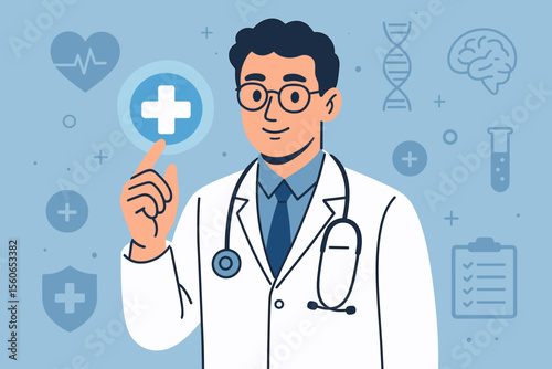 Medical healthcare concept. Doctor with stethoscope pointing at health symbol. Online consultation, telemedicine. Medicine icons: heart, brain, DNA, checklist. Vector illustration.