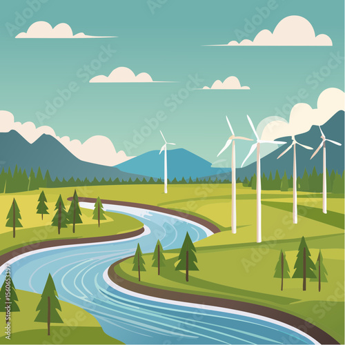 Flat design landscape with clean rivers, forests, wind farms, and mountains