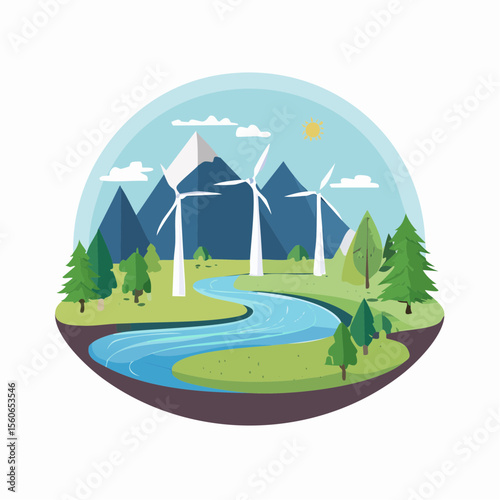Flat design landscape with clean rivers, forests, wind farms, and mountains