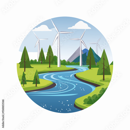 Flat design landscape with clean rivers, forests, wind farms, and mountains