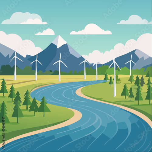 Flat design landscape with clean rivers, forests, wind farms, and mountains