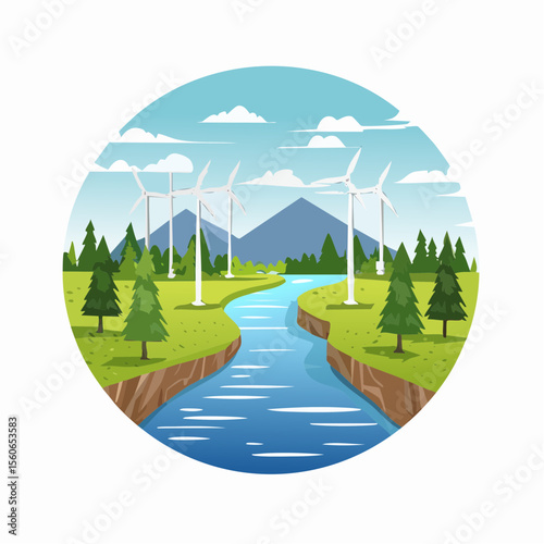 Flat design landscape with clean rivers, forests, wind farms, and mountains