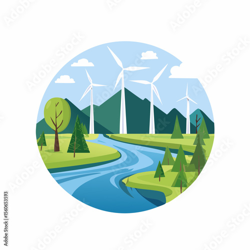Flat design landscape with clean rivers, forests, wind farms, and mountains