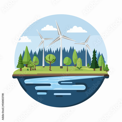 Flat design landscape with clean rivers, forests, wind farms, and mountains