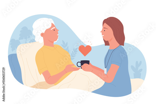 Elderly old people help and care service. Volunteer lovegiving for senior woman flat vector illustration
