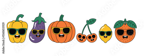 Cute Cartoon Fruits and Vegetables Wearing Sunglasses