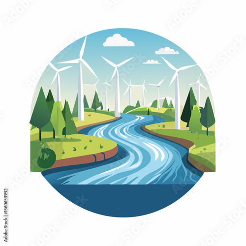 Flat design landscape with clean rivers, forests, wind farms, and mountains