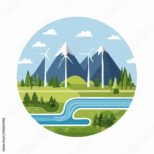 Flat design landscape with clean rivers, forests, wind farms, and mountains