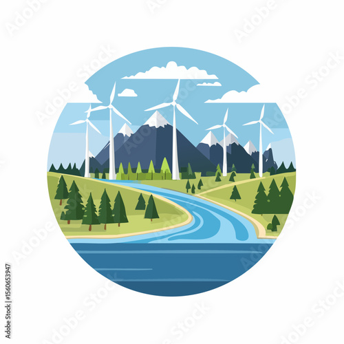 Flat design landscape with clean rivers, forests, wind farms, and mountains