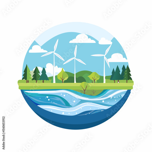 Flat design landscape with clean rivers, forests, wind farms, and mountains