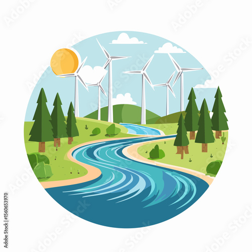 Flat design landscape with clean rivers, forests, wind farms, and mountains