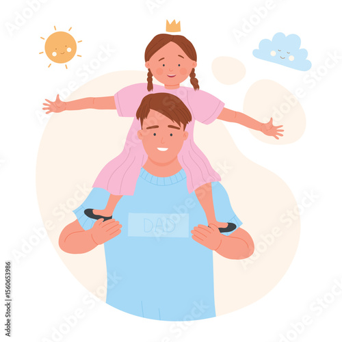 Happy girl sitting on smiling daddy neck. Spending beautiful family time together, daughter sitting on shoulders flat vector illustration